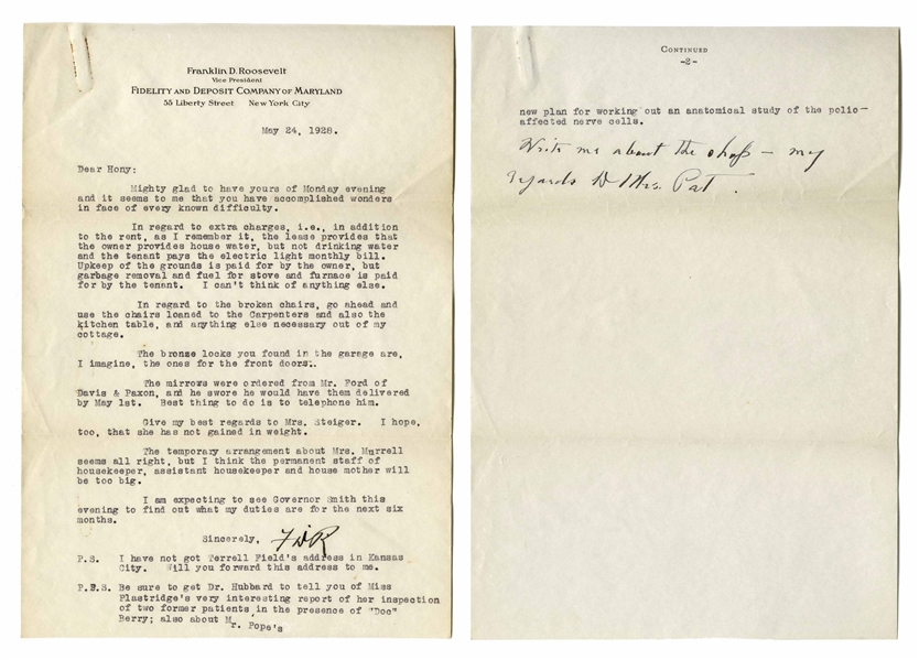 Franklin D. Roosevelt 1928 Letter Signed With an Additional Handwritten Postscript -- ''...I am expecting to see Governor Smith this evening to find out what my duties are for the next six months...''